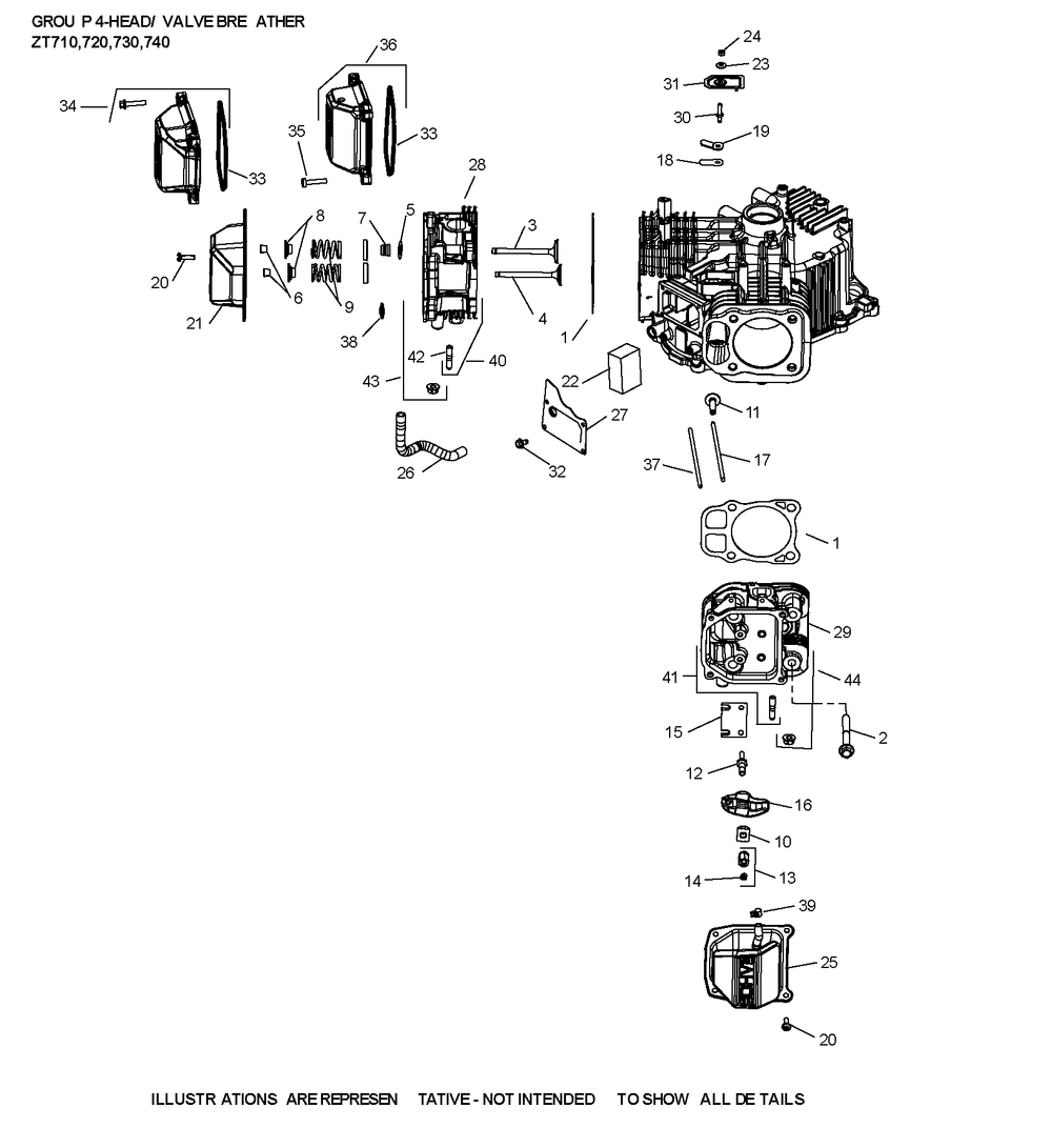 Zt730-3045 Cylinderhead And Breather Diagram and Parts List for ZT730-3045  Cub Cadet Lawn Tractor